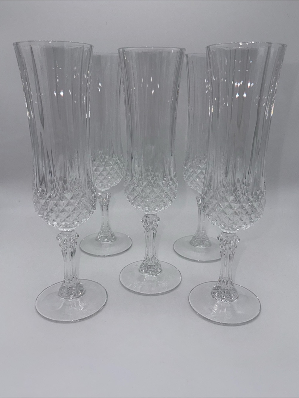 Vintage Longchamp Clear Faceted Crystal Champagne Flutes - Set of 5